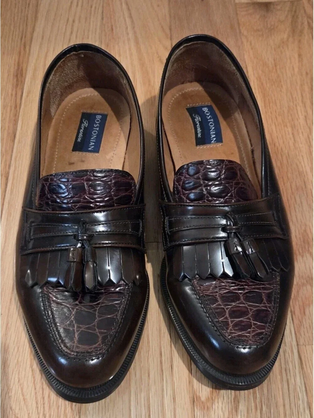 Bostonian Sz 10 W Florentine Brown Croc Embossed Leather Tassel Loafers Italy